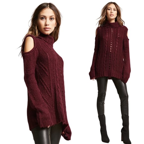 l love Open Shoulder Cable Knit Sweater - Burgundy - Picture 1 of 4